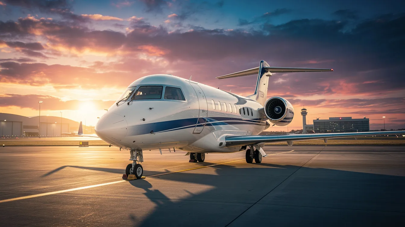 A modern business jet is parked on the airport tarmac at sunset, showcasing its sleek design and luxurious features, ideal for private aviation. This private jet, part of the competitive private jet market, symbolizes the convenience of business travel with the ability to operate worldwide on one's own schedule.