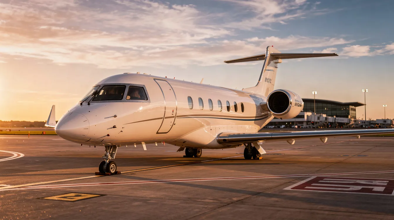 The image depicts a sleek modern private jet parked on an airport tarmac, bathed in the warm glow of golden hour. This luxurious aircraft, often associated with high net worth individuals and business owners, highlights the appeal of private jets for efficient travel needs.