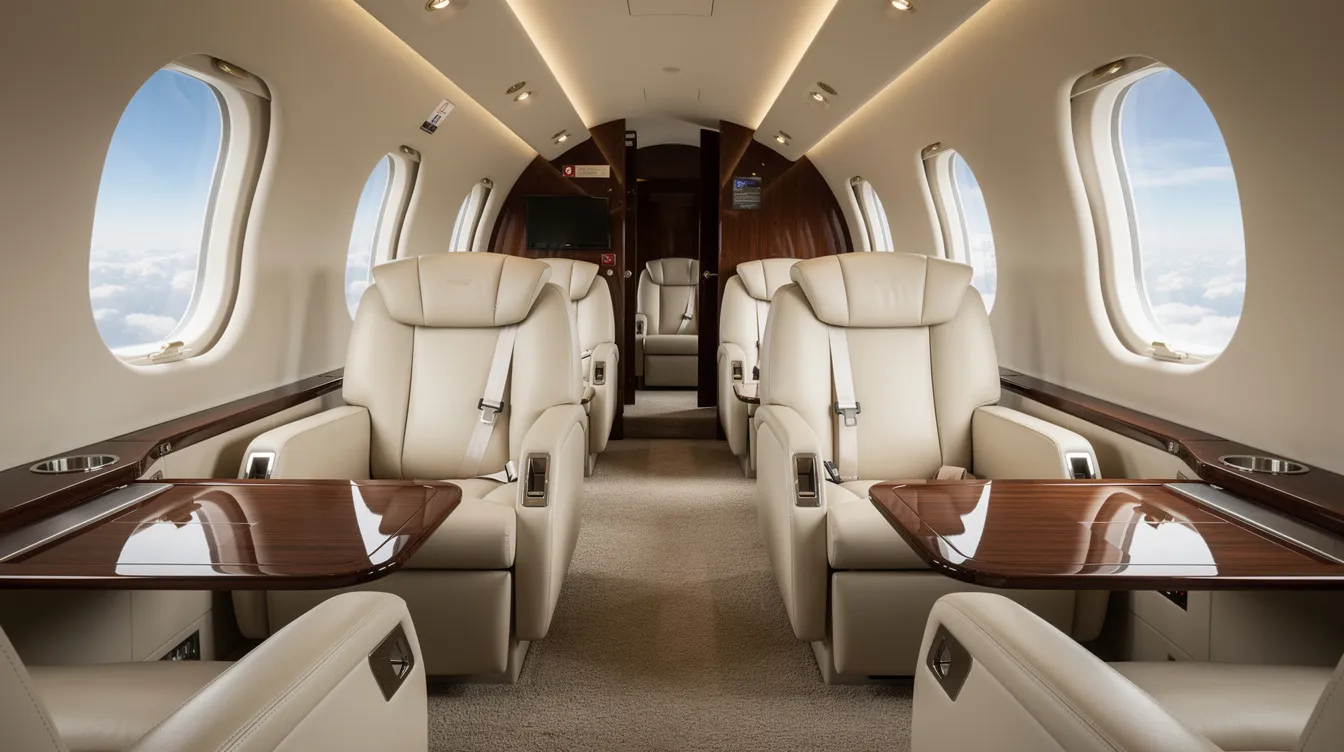 The image shows the luxurious interior of a private jet cabin featuring plush leather seating, designed for comfort and elegance, catering to the travel needs of high-net-worth individuals and business owners. This opulent space exemplifies the benefits of whole aircraft ownership and fractional ownership, highlighting the sophistication associated with private jets.