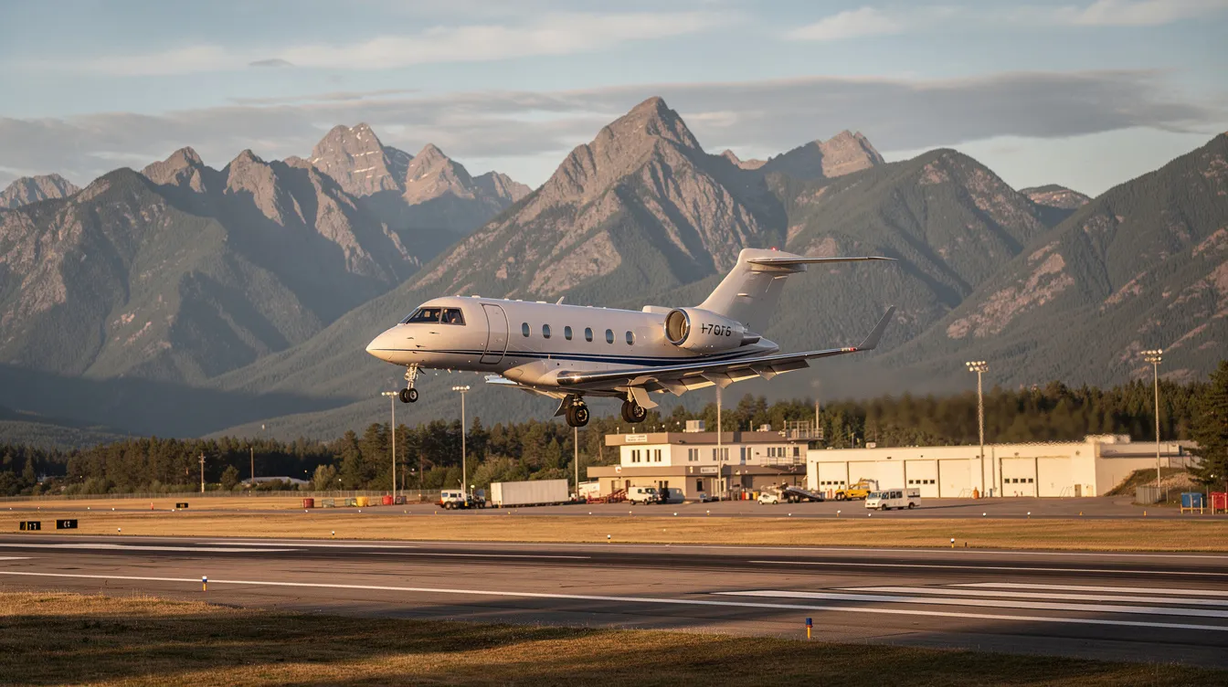 A small private jet, resembling a light sport aircraft, is landing at a regional airport with picturesque mountains in the background. This versatile aircraft, known for its advanced safety features and efficient performance, showcases the beauty of private aviation.
