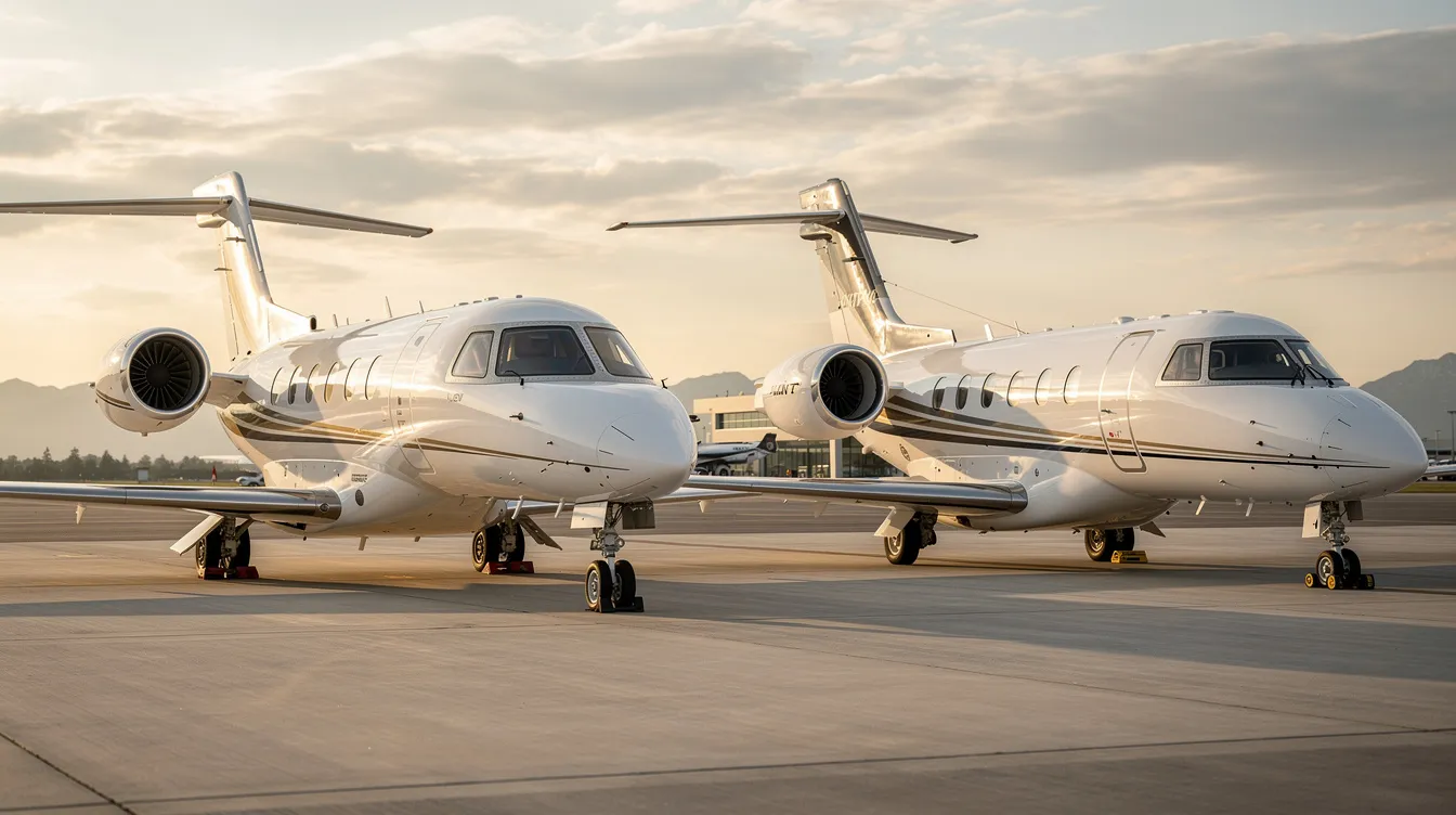The image features an Embraer Phenom 100EV alongside a Citation M2 Gen2, both representing popular personal aircraft known for their advanced avionics and efficient performance. These light jets are ideal for private aviation, offering high performance and modern safety features for cross country flights and business travel.