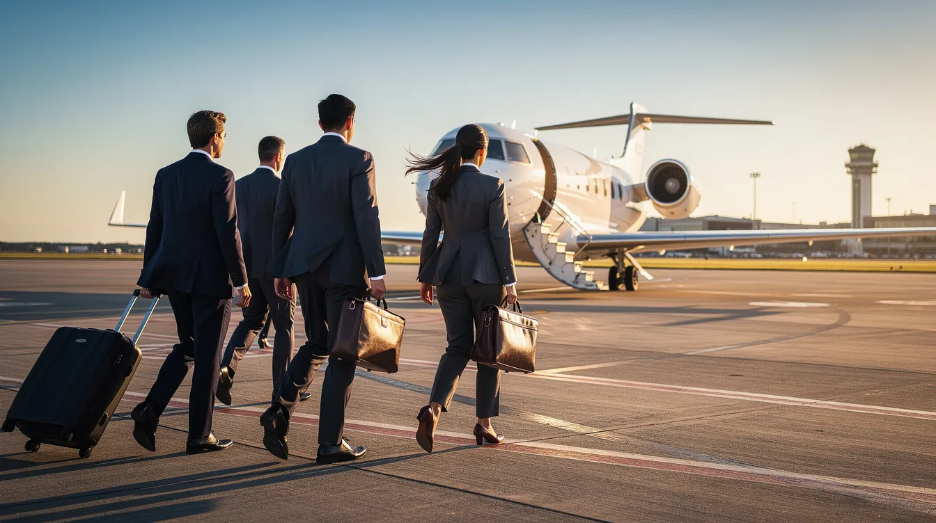 A group of business executives in tailored suits is walking towards a private aircraft on a tarmac, ready for their charter flight. The scene captures the essence of private aviation, highlighting the convenience and luxury of flying on a private jet, away from crowded terminals.