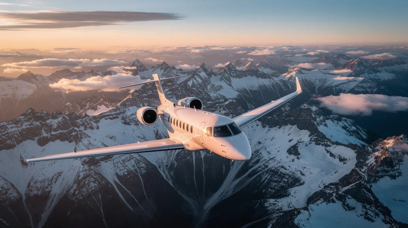 A private aircraft, specifically a sleek private jet, soars gracefully above majestic snow-covered mountain peaks, highlighting the beauty of private aviation and the freedom it offers for business and leisure travel. The image captures the essence of flying private, showcasing the stunning landscapes that can be explored through charter flights.