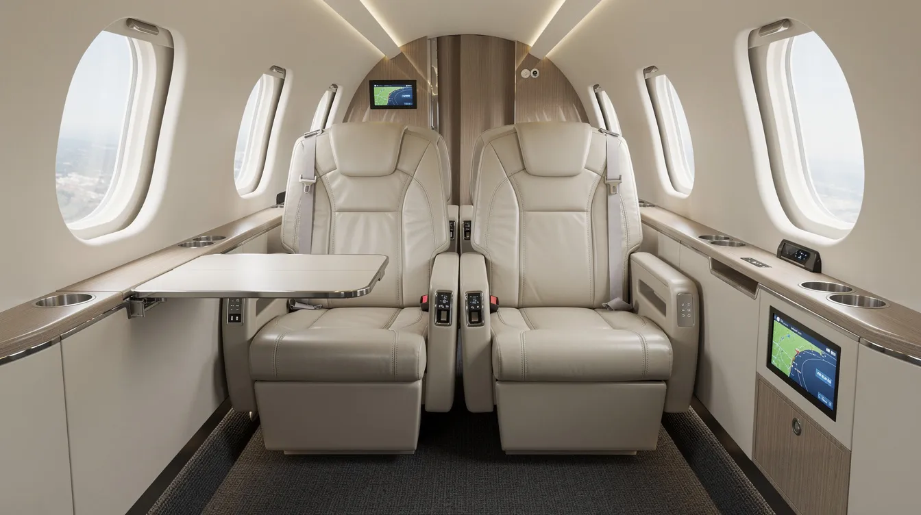The image depicts the interior of a light jet cabin, featuring luxurious leather seats and modern amenities designed for comfort during private jet flights. This elegant space is ideal for business and leisure travel, offering a premium experience away from crowded terminals.