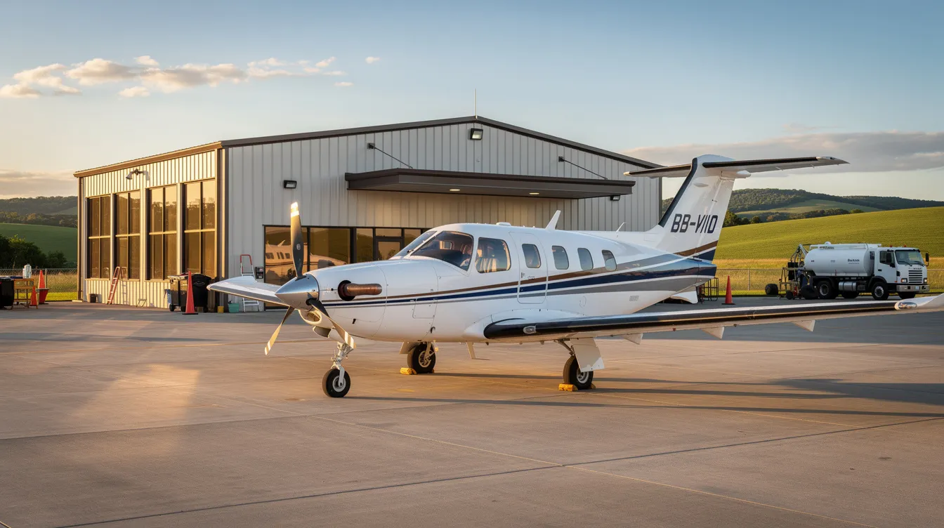 A small private aircraft is parked at a regional fixed-base operator facility, with rolling hills visible in the background, suggesting a serene travel environment. The scene captures the essence of aviation, highlighting the connection between private flying and the beauty of nature.