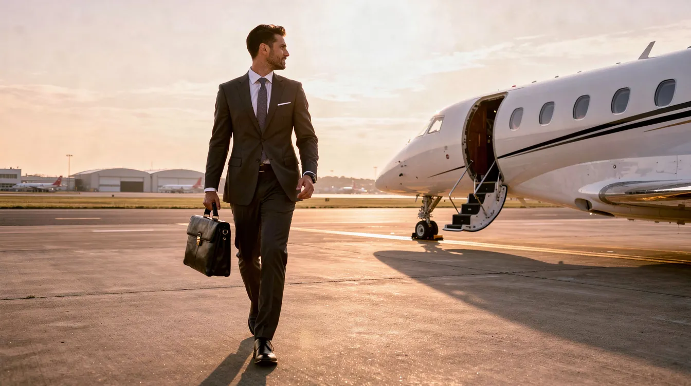 A business executive dressed in professional attire confidently walks towards a private aircraft, carrying a briefcase in hand, ready for travel. The scene captures the essence of corporate travel, highlighting the importance of efficient resources and planning in the world of airlines.