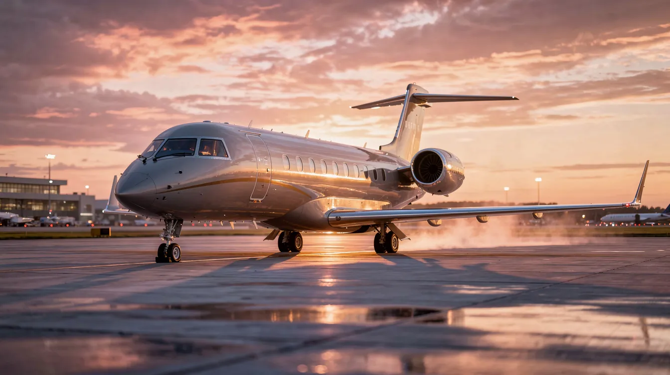 A sleek modern private jet is parked on the tarmac, bathed in the warm hues of a sunset, symbolizing luxury and seamless travel for discerning travelers. This private aircraft represents the exceptional service and global access offered by NetJets, a leader in private aviation.