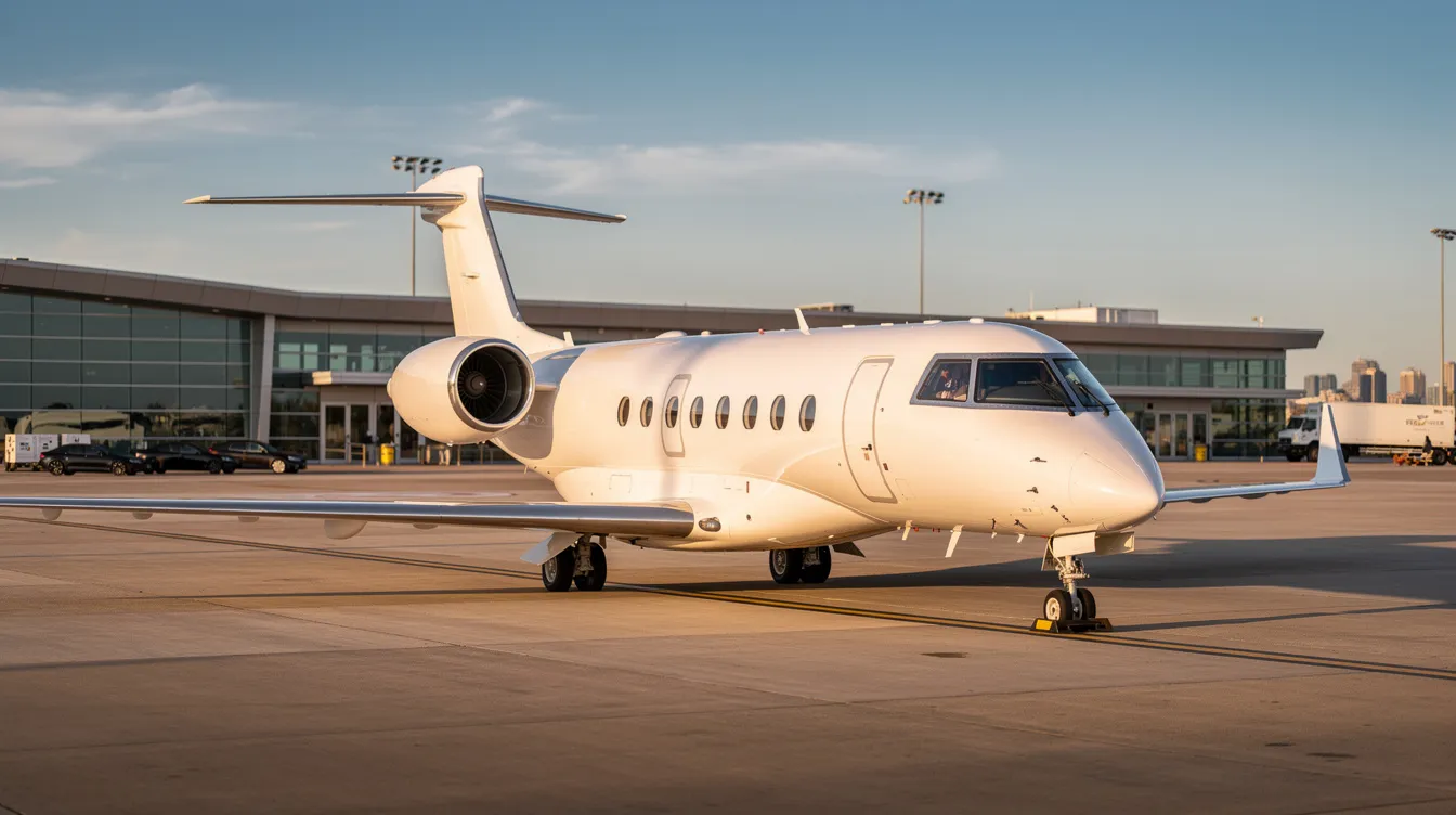 A sleek private jet is parked on the tarmac at an executive airport, showcasing the luxury of private aviation. This business jet, part of the NetJets fleet, represents the convenience of fractional ownership and quality service in private jet travel.