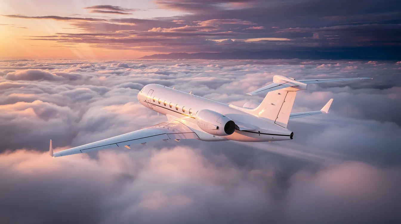A sleek private jet soars gracefully above fluffy clouds, bathed in the warm hues of a stunning sunset. This scene captures the essence of private aviation, showcasing the luxury and freedom associated with flying in a NetJets plane.