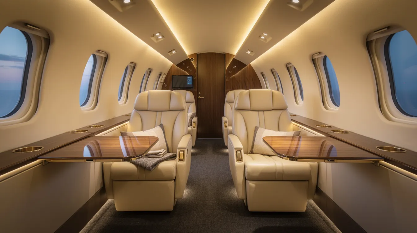 The image depicts the interior of a luxurious private jet cabin, featuring plush leather seats and sophisticated ambient lighting that creates an inviting atmosphere. This elegant space exemplifies the exceptional experiences offered by NetJets, a leader in private aviation, ensuring comfort and style for its owners and guests.