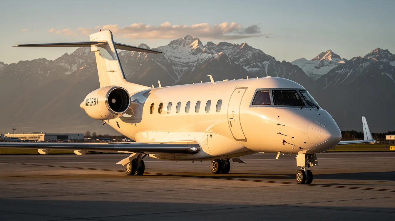 A private jet aircraft is parked on the tarmac during golden hour, with stunning mountains in the background, symbolizing the luxury of private aviation. This scene reflects the commitment to exceptional experiences that companies like NetJets offer to their owners and customers in the business aviation industry.