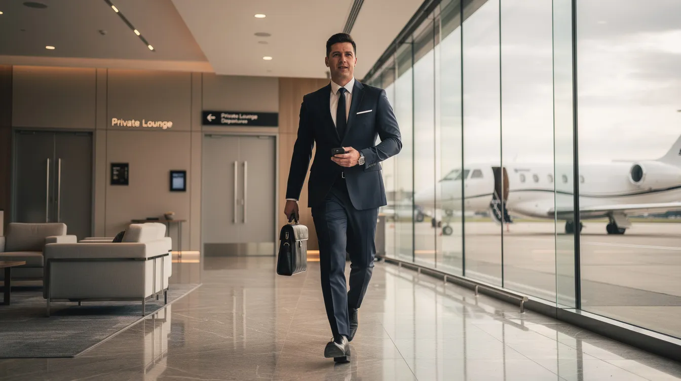 A business professional in a tailored suit walks confidently through a modern private aviation terminal, representing the dynamic environment of NetJets aviation. The sleek terminal features contemporary design elements, highlighting the company's commitment to exceptional service and the diverse private jet fleet available to its clients.