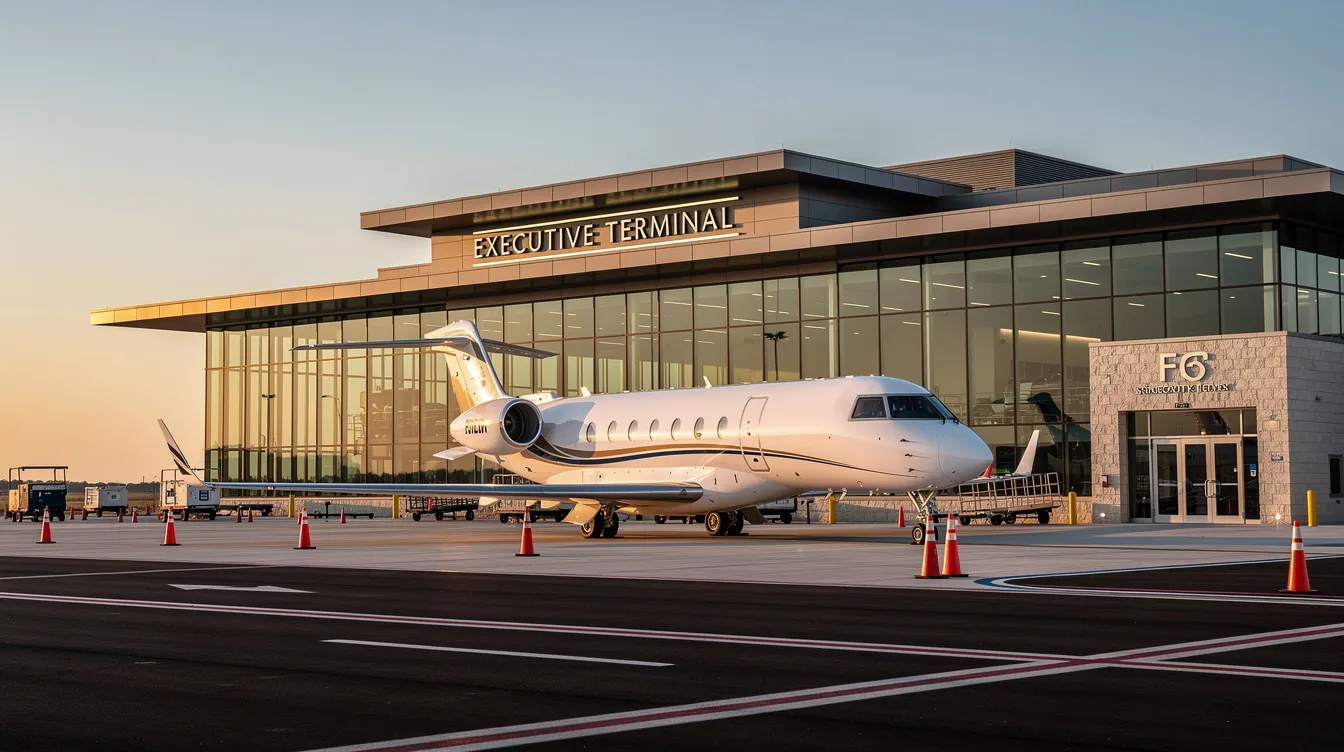 A sleek private jet is parked at a modern FBO facility, showcasing an executive terminal building designed for discerning travelers. This scene highlights the luxury and convenience of private aviation, with access to exclusive amenities for a seamless travel experience.