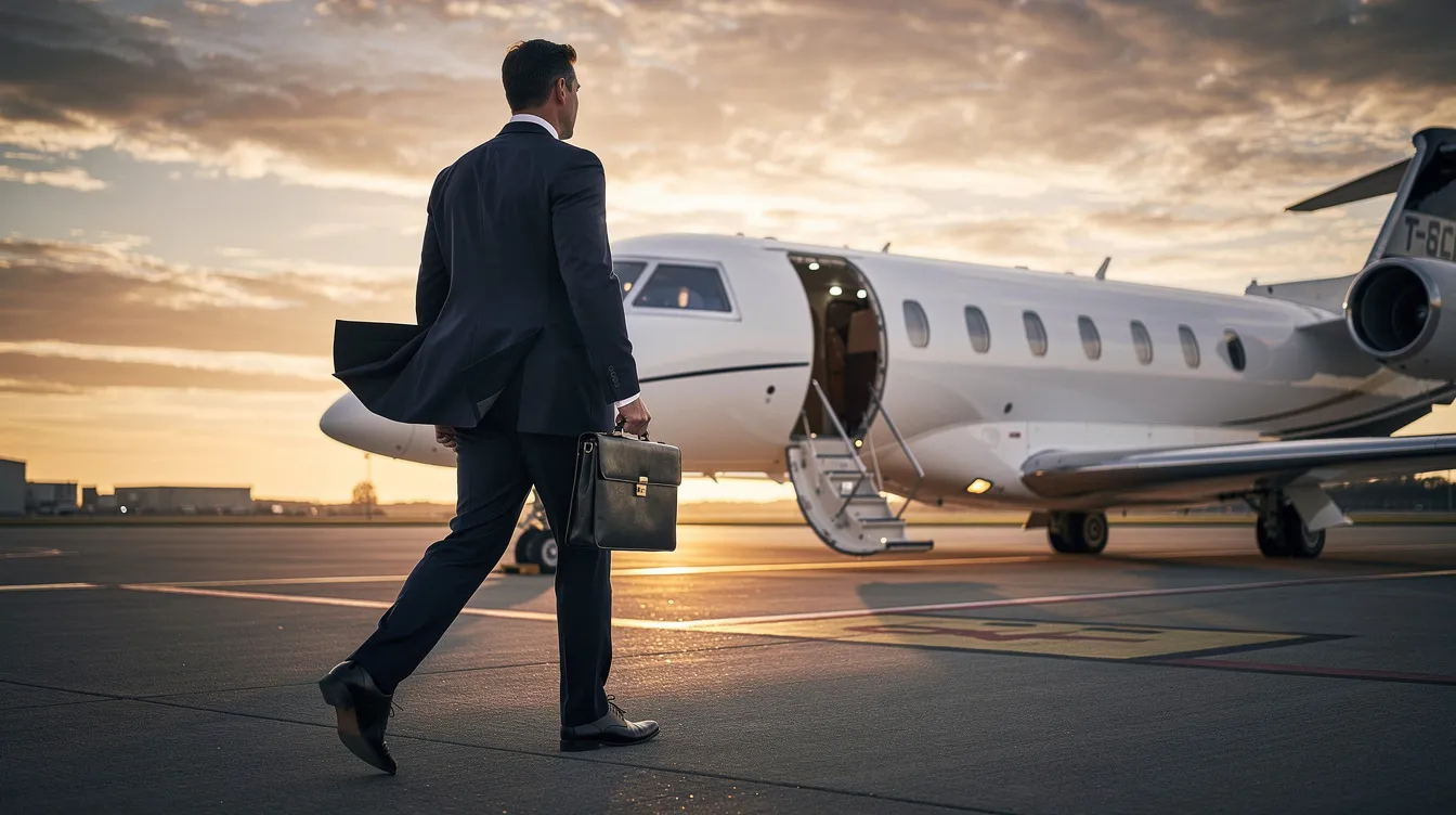 A business executive is confidently walking towards a private jet on the tarmac during a vibrant sunset, embodying the allure of private aviation. This scene highlights the exclusive nature of private travel, emphasizing the seamless access and service provided by the netjets fleet.