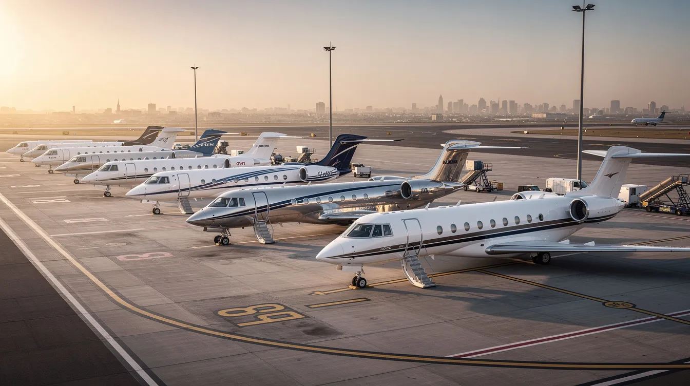 The image depicts a flock of luxurious private jets parked on a tarmac, showcasing the elegance of private aviation. These aircraft represent a premium service option for travelers seeking guaranteed access to exclusive flights, highlighting the growing demand for fractional ownership in the world of private jets.