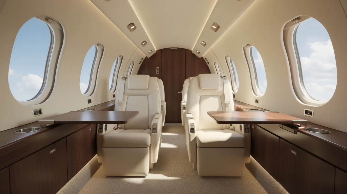 The image depicts a luxurious private jet interior featuring plush leather seats, elegant wood accents, and large windows that reveal a clear blue sky outside. This sophisticated cabin exemplifies the comfort and style associated with private aviation, ideal for those seeking a premium flying experience.