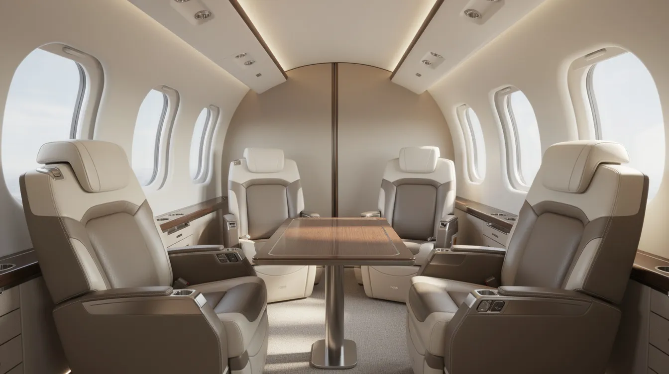The image showcases a modern private jet cabin interior featuring comfortable leather seating and ample natural lighting, ideal for discerning travelers seeking luxury travel experiences. This inviting space emphasizes the superior service and effortless travel associated with private jet services, making it a perfect choice for clients looking to explore the globe.