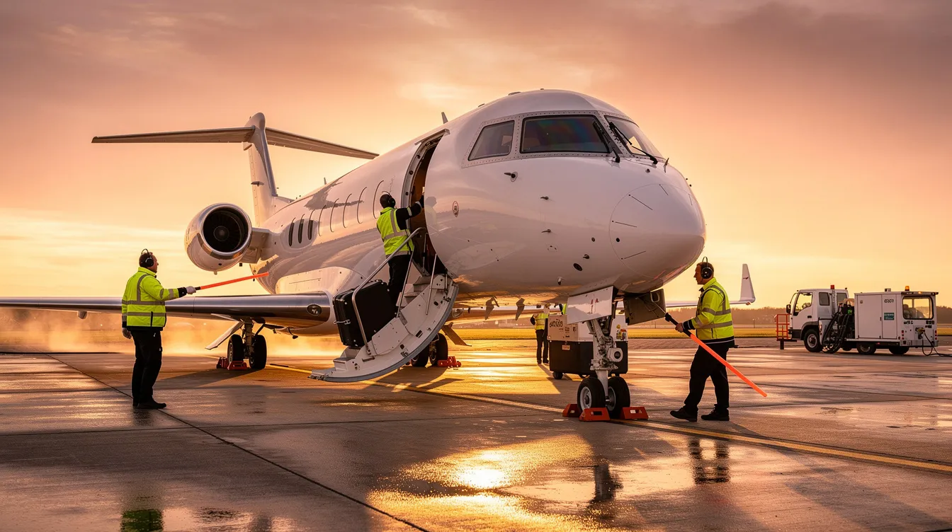 A private jet is parked on the tarmac during golden hour, with a ground crew meticulously preparing for departure, highlighting the superior service associated with private aviation. This scene captures the essence of effortless travel, showcasing the luxury and commitment of private jet services.