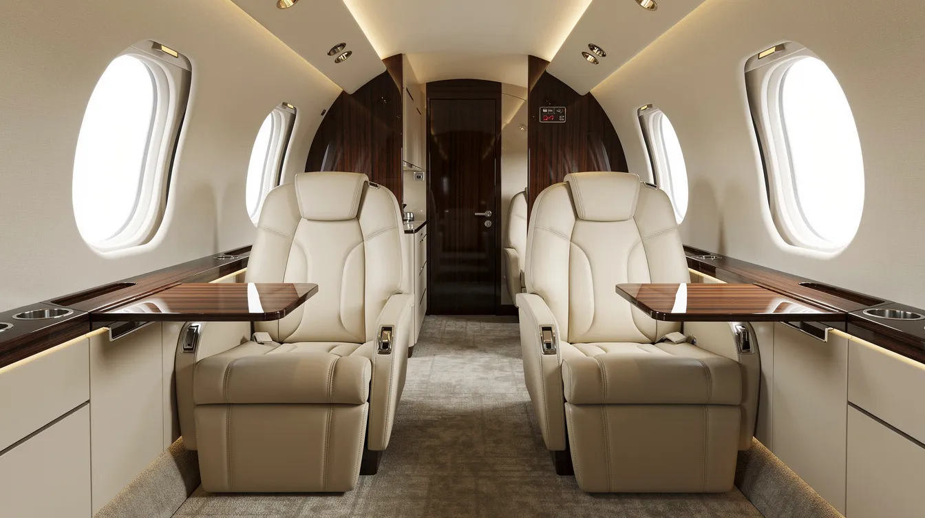 The image depicts the luxurious interior of a modern business jet, featuring plush leather seats and elegant wood accents, designed for comfort and style in private aviation. This sophisticated setting is ideal for corporate jets and fractional owners seeking a high-end travel experience.