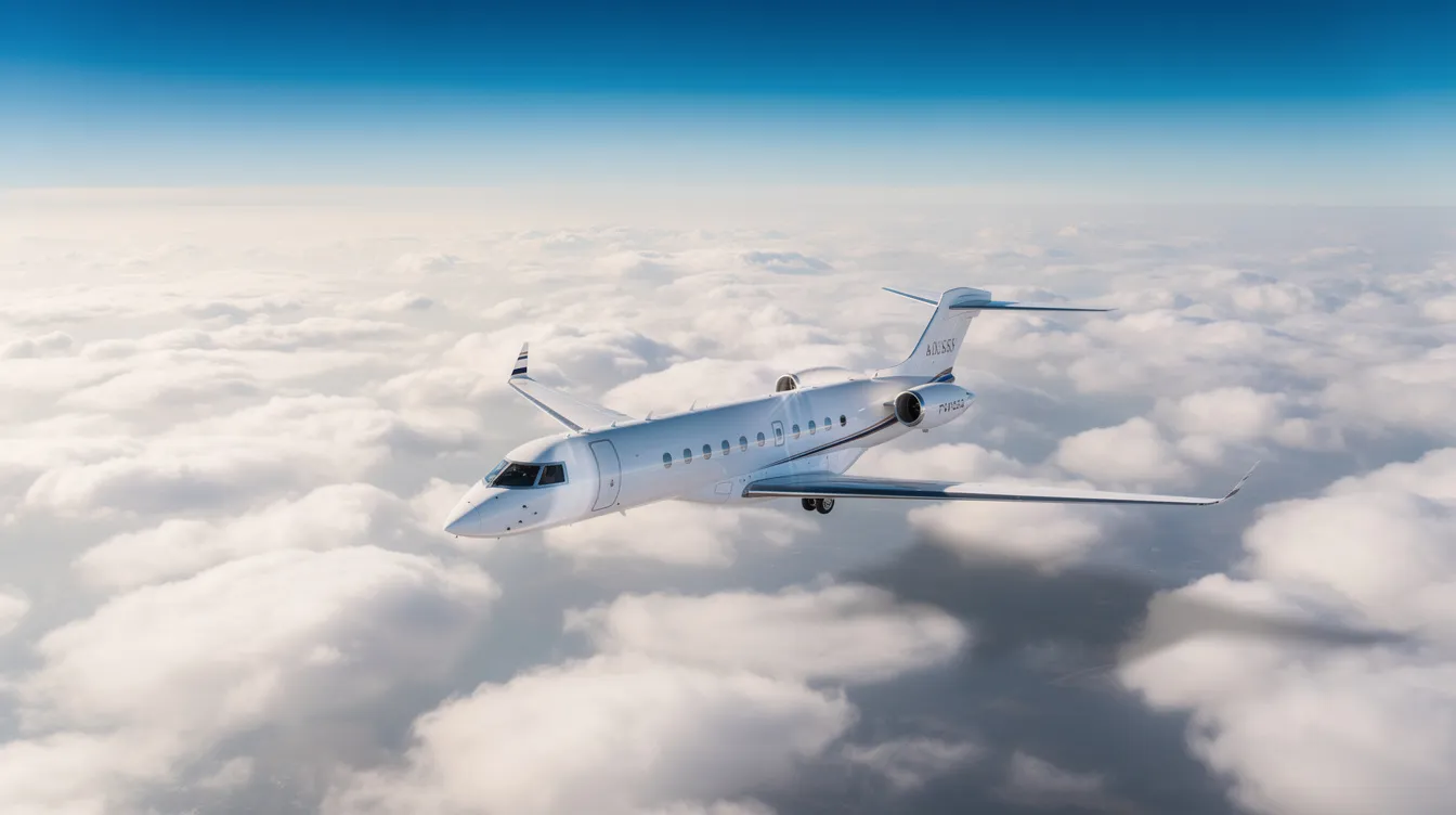 An aerial view captures a private jet soaring above a sea of fluffy clouds, symbolizing the luxury and freedom associated with private aviation. This image evokes thoughts of notable figures like Warren Buffett, who embraces aircraft ownership and fractional ownership options for efficient travel.