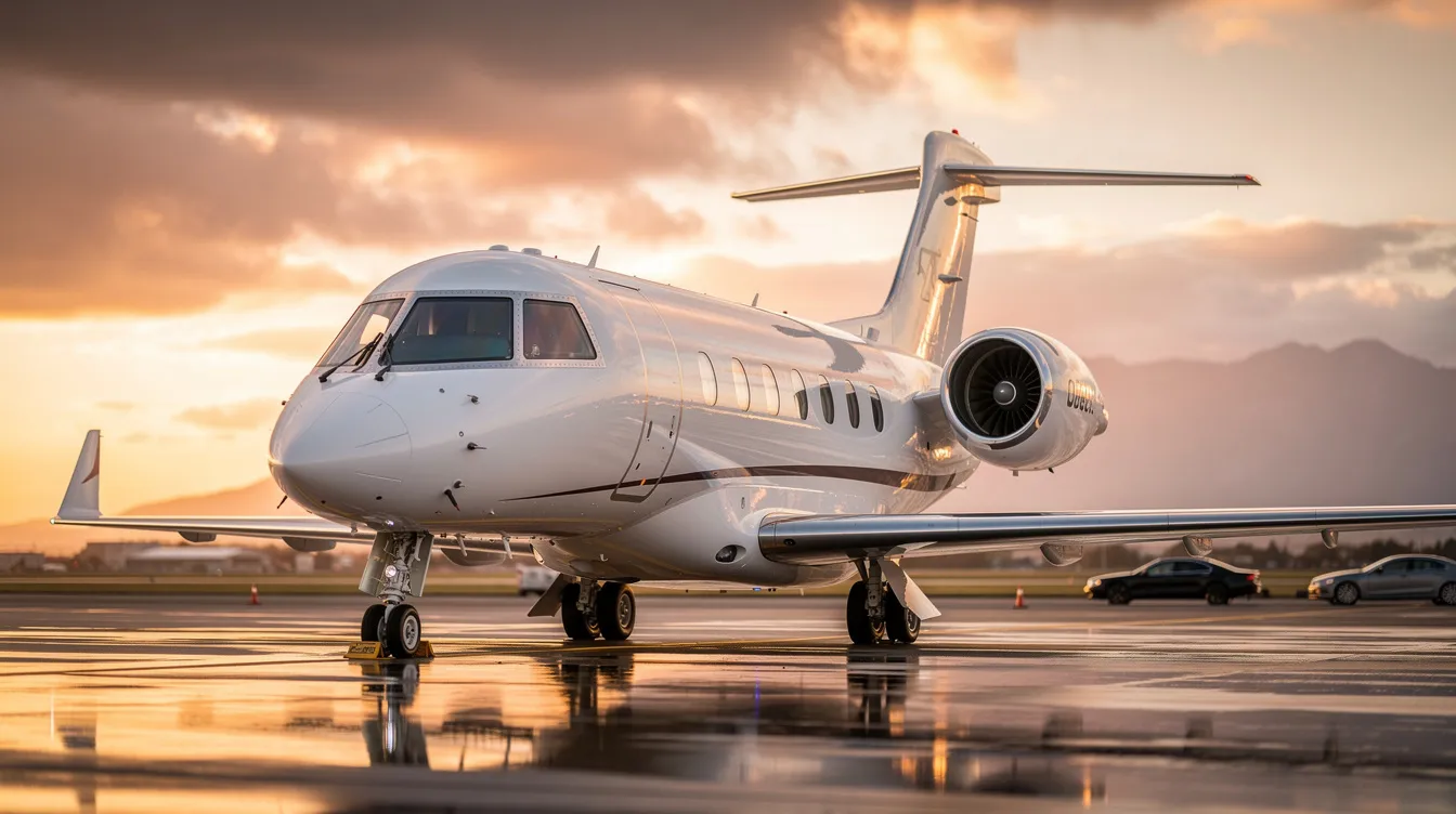 A sleek private aircraft is parked on a small airport runway, showcasing its modern design and luxurious cabin. This very light jet represents the convenience of private air travel, offering personalized service for business and leisure travelers alike.