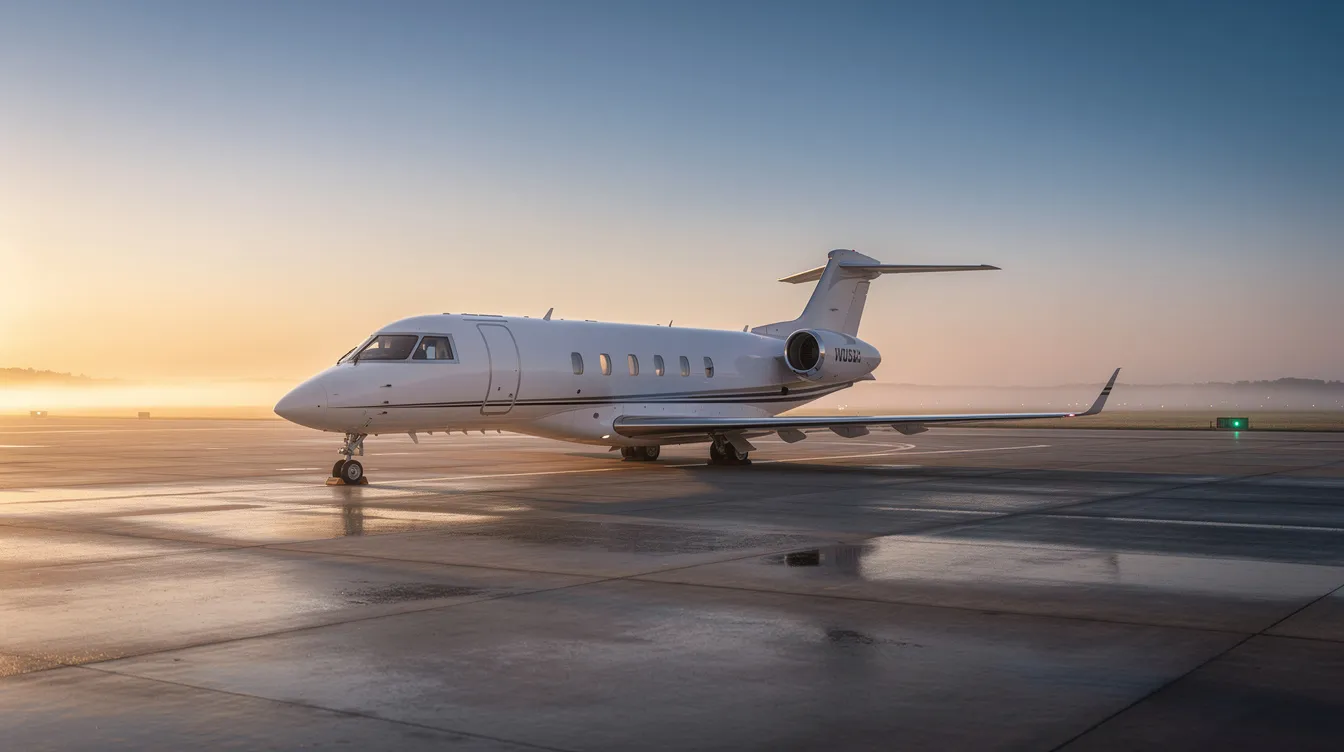 A private jet is parked on a quiet ramp at sunrise, surrounded by a serene atmosphere that highlights the calmness of early morning. The scene reflects the high standards of safety and operations in general aviation, adhering to federal aviation regulations for charter flights.