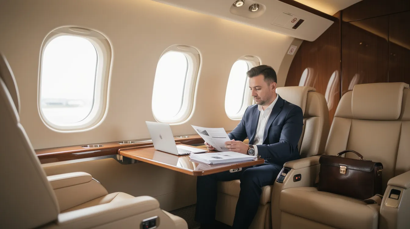 An executive is seated in a spacious private jet cabin, reviewing important documents while enjoying the luxury and comfort of private jet travel. The setting emphasizes the benefits of private aviation, providing a serene environment for business discussions and decision-making.