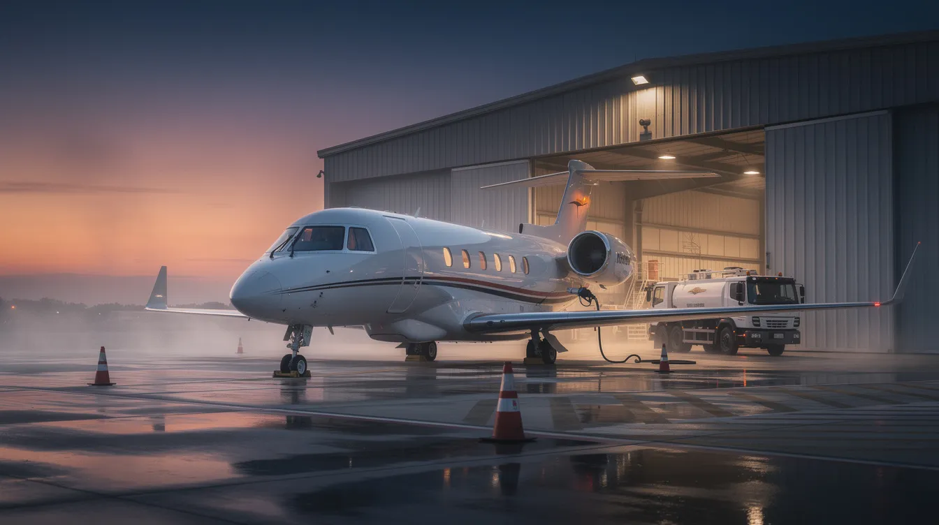 A private jet is being fueled at dusk near a hangar, with the soft glow of the setting sun illuminating the scene. This image captures the essence of private aviation, highlighting the meticulous care involved in preparing for private jet travel.