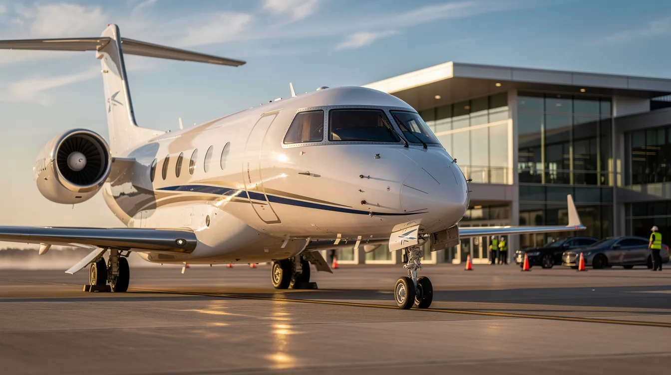A small business jet is taxiing near a private aviation terminal, showcasing the luxury of private jet travel. This scene highlights the convenience and efficiency of leasing a private jet for quick and personalized flights.