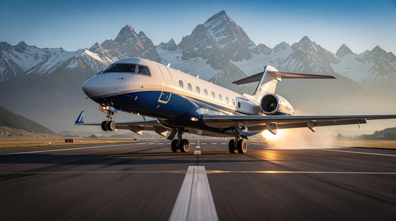 A modern private jet is taking off from a mountain airport runway, showcasing its sleek design and powerful performance capabilities. This luxury aircraft exemplifies the efficiency and convenience of private aviation, making it an ideal choice for travelers seeking quick access to remote destinations.