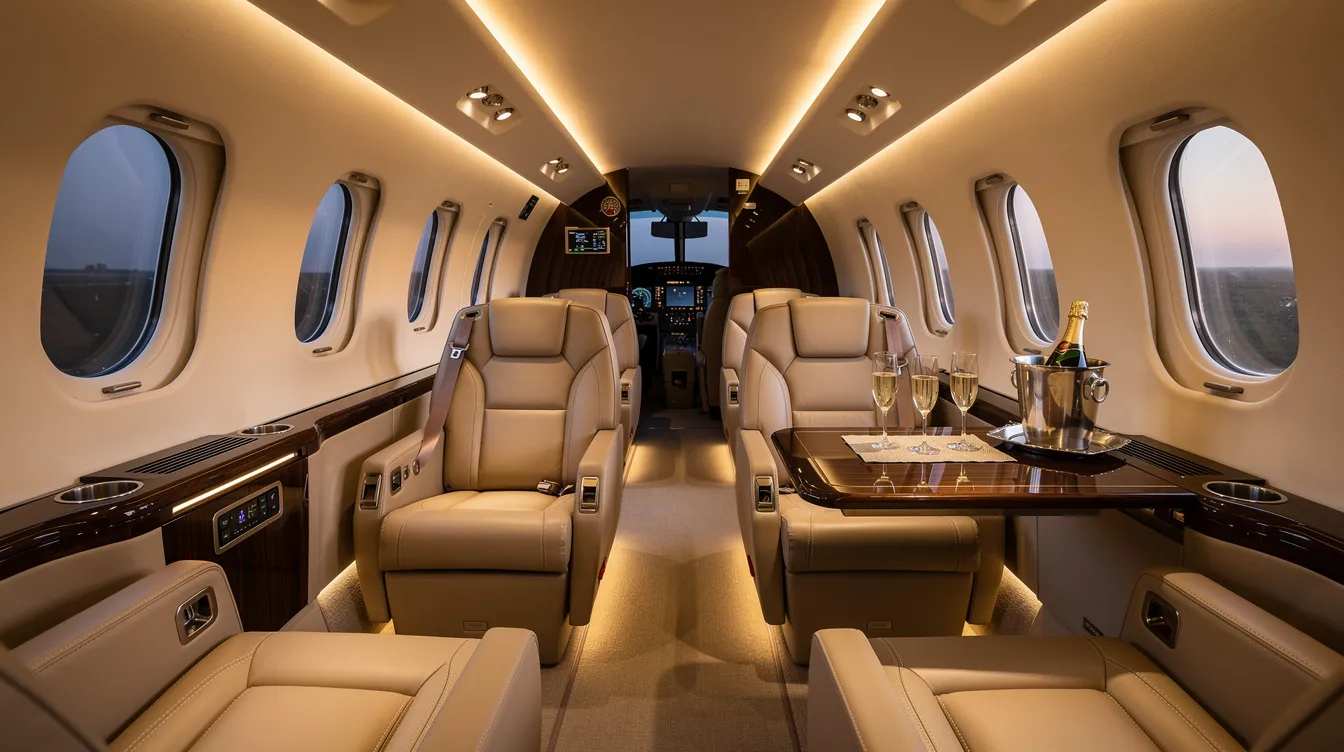 The image features an elegant private jet cabin, showcasing plush leather seating and soft ambient lighting, creating a luxurious atmosphere for travelers. This interior exemplifies the comfort and sophistication found in high-end private aviation, ideal for those seeking a premium charter flight experience.