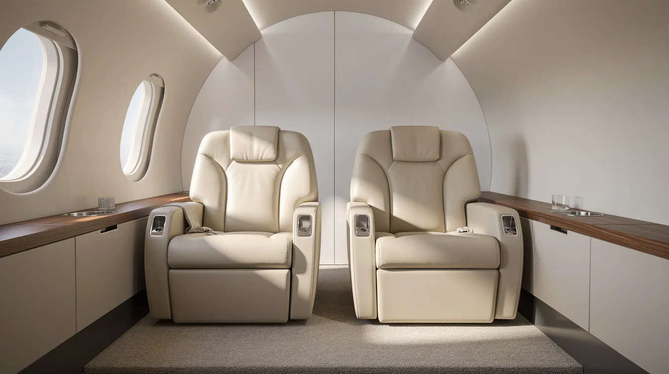 The image depicts a luxurious private jet cabin featuring four leather club seats bathed in soft natural light, creating an inviting and comfortable atmosphere for up to six passengers. This elegant space reflects the high standards of private aviation, emphasizing both style and comfort for cross-country flights.