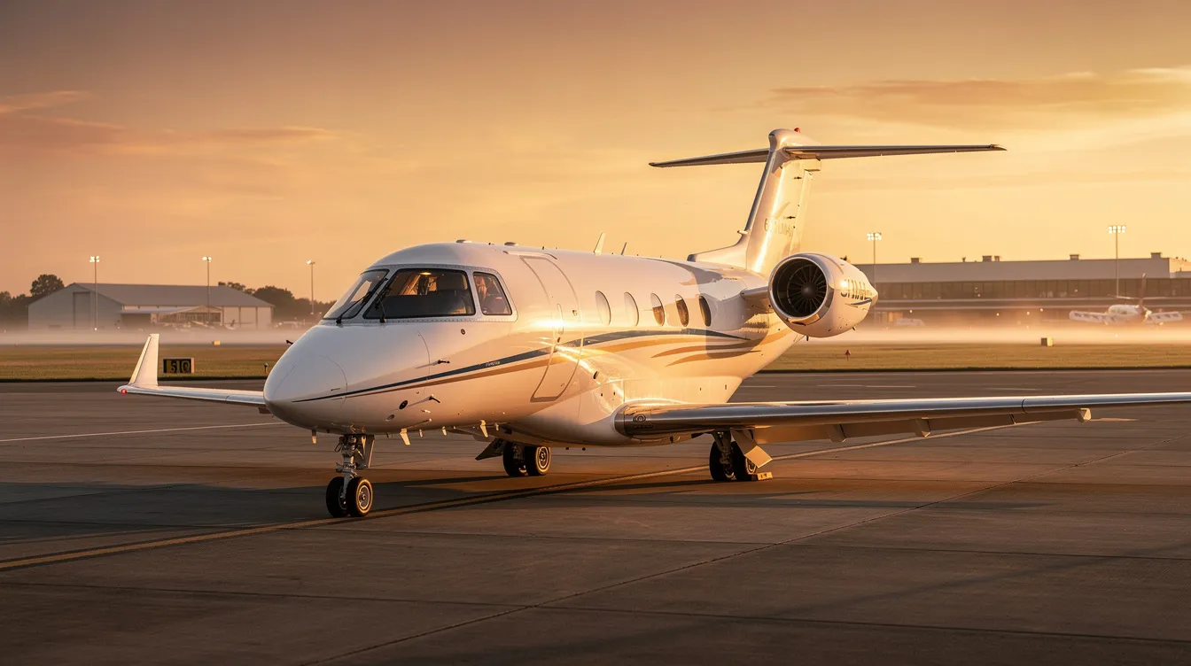 A small private jet, likely a Cirrus Vision Jet, is parked on a quiet regional airport ramp at sunrise, with soft orange and pink hues illuminating the sky. This light jet, designed for efficient performance and equipped with advanced safety features, awaits its next cross-country flight, offering a comfortable cabin space for up to six passengers.