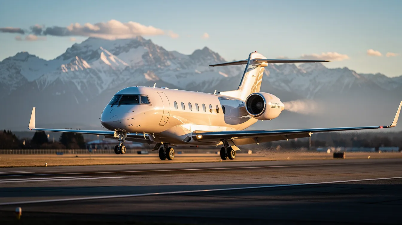 A modern private jet is taking off from a runway, with majestic mountains visible in the background. This scene captures the essence of private aviation, showcasing the luxurious experience that aircraft owners can enjoy through professional management services and streamlined flight operations.