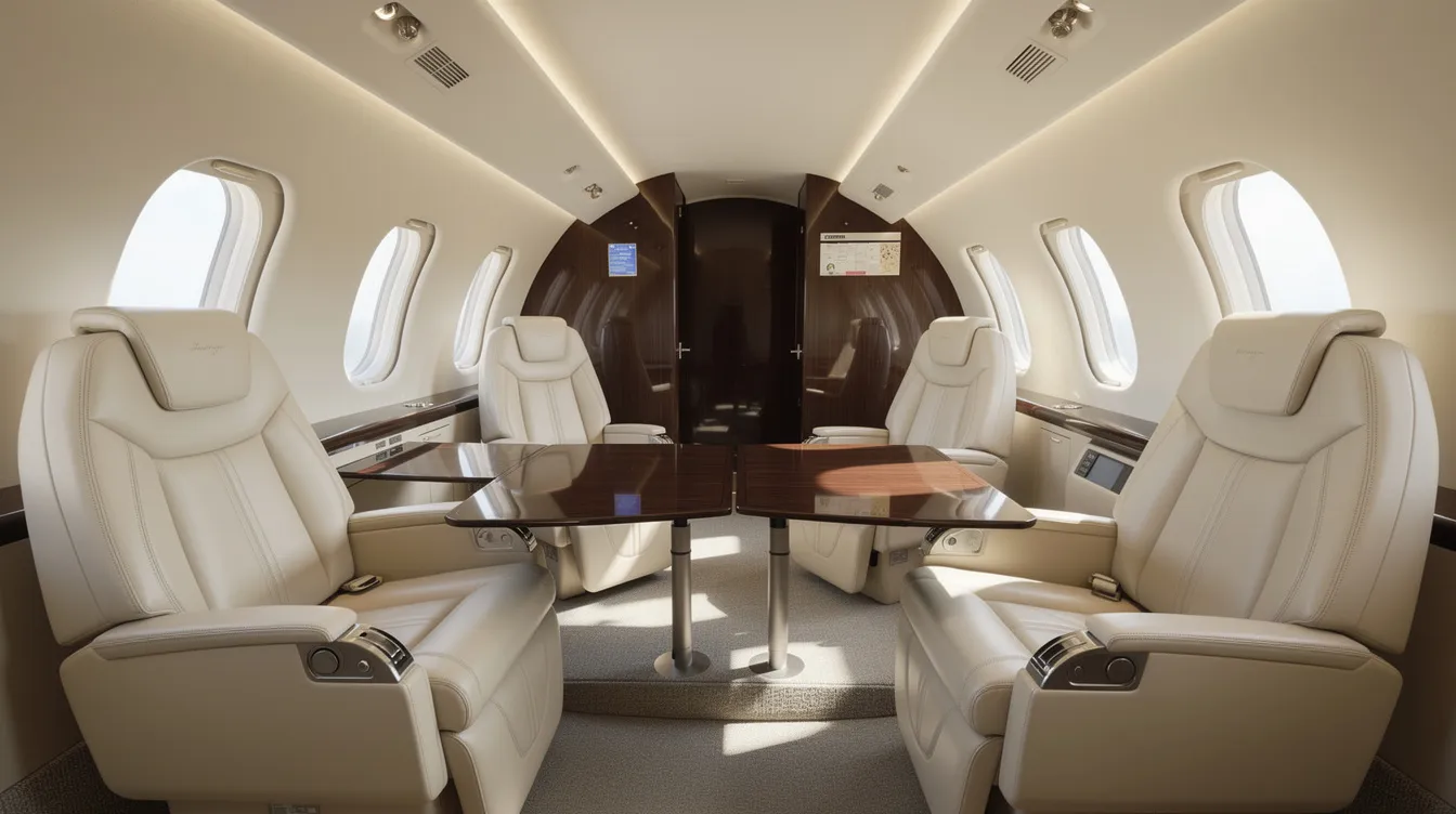 The image depicts the interior of a modern private jet cabin featuring luxurious leather seats, polished tables, and soft daylight streaming in through oval windows, emphasizing comfort and elegance. This cabin is designed for the Embraer Phenom 300E, showcasing upgraded avionics and a spacious layout for passengers.