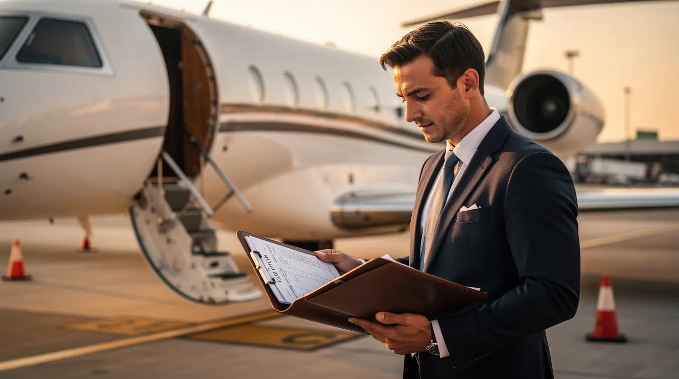 An executive stands beside a sleek Embraer Phenom 300E private jet on the airport ramp, reviewing flight documents while the upgraded avionics and new paint of the aircraft glisten in the sunlight. The scene captures the essence of luxury travel, with the jet symbolizing comfort and performance for passengers on their journey.