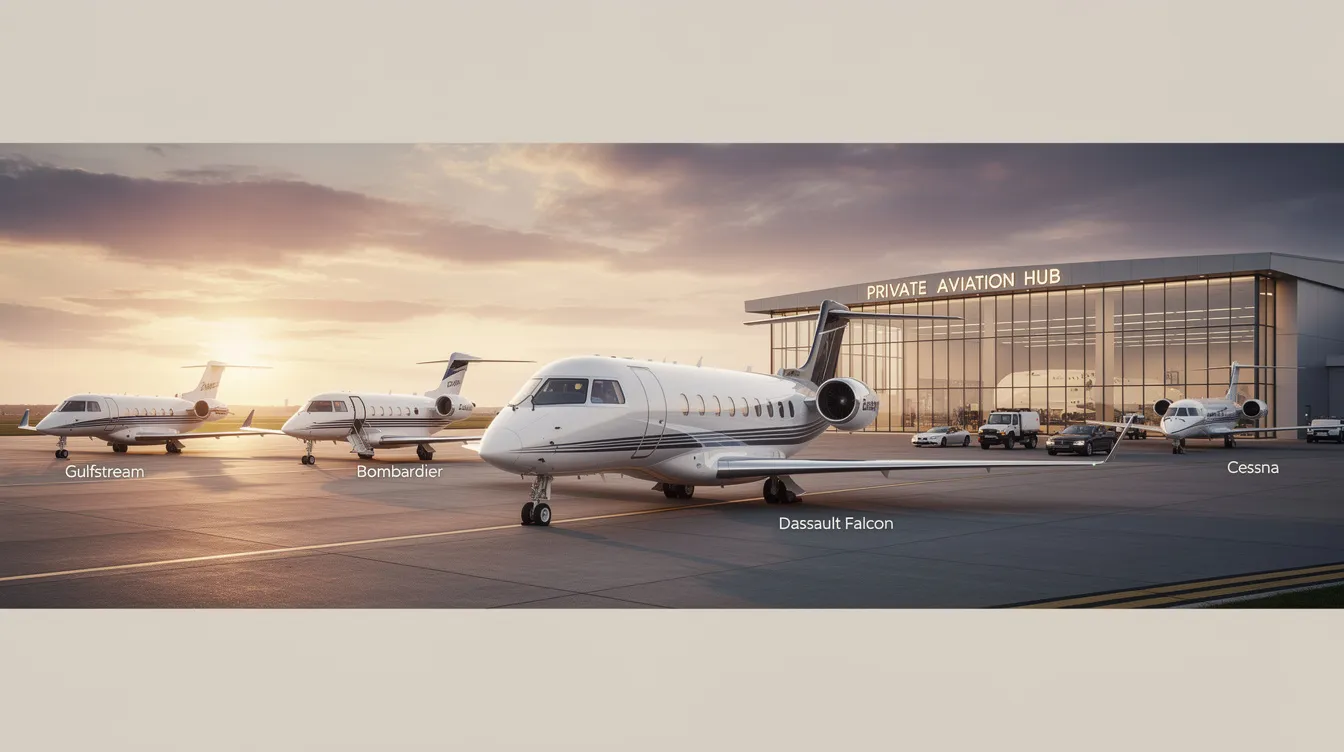 An array of private jets from top manufacturers like Boeing Business Jets, Dassault Aviation, and Airbus Corporate Jets is displayed, showcasing various models including large business jets and light jets designed for business aviation. The image highlights the sleek designs and spacious interiors of these aircraft, emphasizing their capabilities for private jet travel and charter flights.