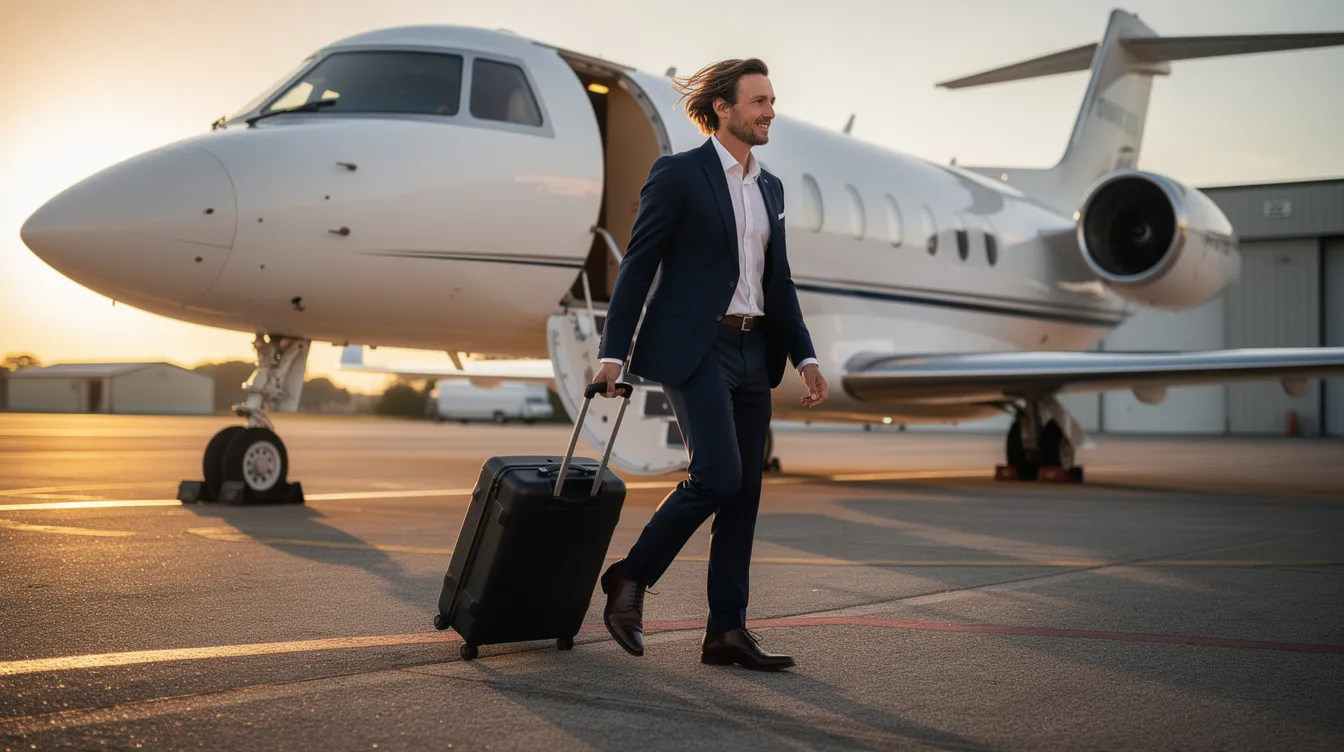 An executive is seen boarding a private aircraft, specifically a business jet, at a regional airport. The scene highlights the convenience of private aviation, showcasing the sleek design of the jet, which is ideal for business travelers seeking personalized service and access to remote destinations.