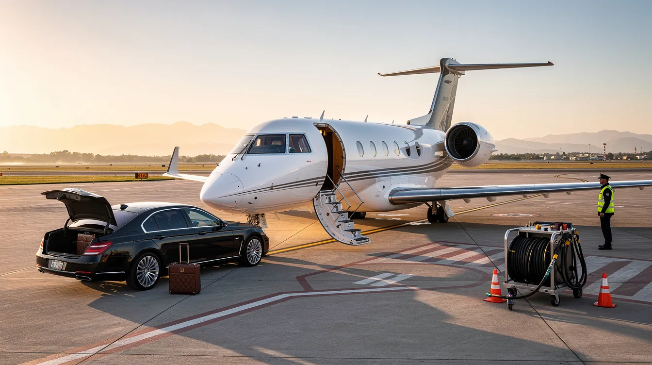 The image depicts a sleek private jet soaring through a narrow valley, with only the pilot visible in the cockpit. Below, the diverse locales of an Italian town can be seen, highlighting the beauty of the Amalfi Coast in the morning light.