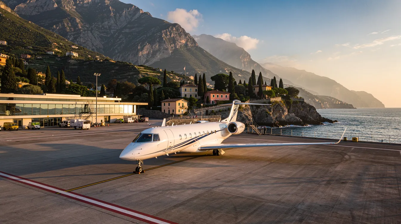 A private jet is parked at an Italian coastal airport, with picturesque mountains in the background, creating a serene atmosphere. The scene captures the essence of travel and leisure in Italy, highlighting the beauty of the landscape and the elegance of private aviation.
