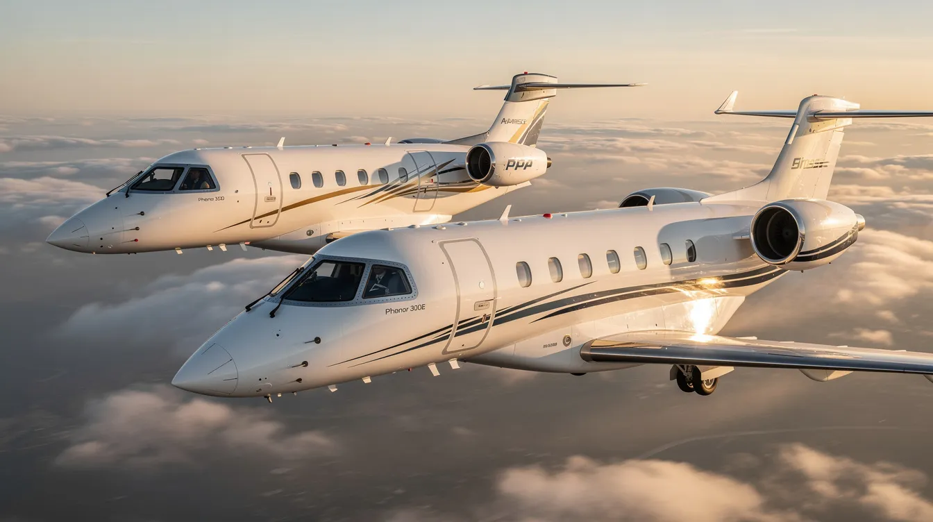 The image features the Embraer Phenom 300 and 300E, renowned for being the best-selling light jet aircraft developed by the Brazilian aircraft manufacturer Embraer. Showcasing a sleek design, the aircraft is designed for single pilot operations, offering spacious cabin dimensions and advanced flight management systems for optimal performance and passenger comfort.