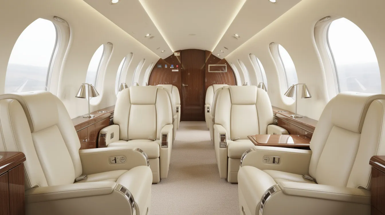 The image depicts a bright and spacious cabin of the Embraer Phenom 300, featuring luxurious leather club seats and large oval windows that provide ample natural light. This interior design emphasizes comfort and elegance, making it an ideal setting for passengers during their flight in one of the best-selling light jets.