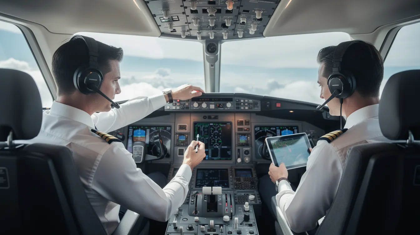 The image shows two professional pilots inside the cockpit of a modern Embraer Phenom 300, a best-selling light jet aircraft, as they review the flight management system instruments. The cockpit is equipped with advanced avionics and an alerting system, reflecting the high-tech environment necessary for efficient flight operations.