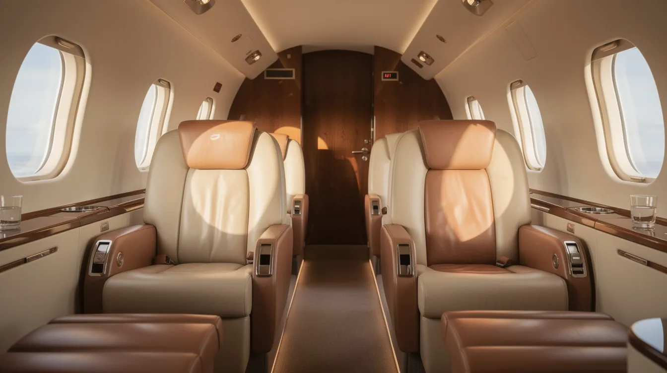 The image depicts a serene private jet cabin featuring luxurious leather seats bathed in soft daylight, ideal for comfortable travel. This elegant space is a prime example of private aviation, showcasing the benefits of fractional aircraft ownership for those seeking efficient and stylish flight experiences.