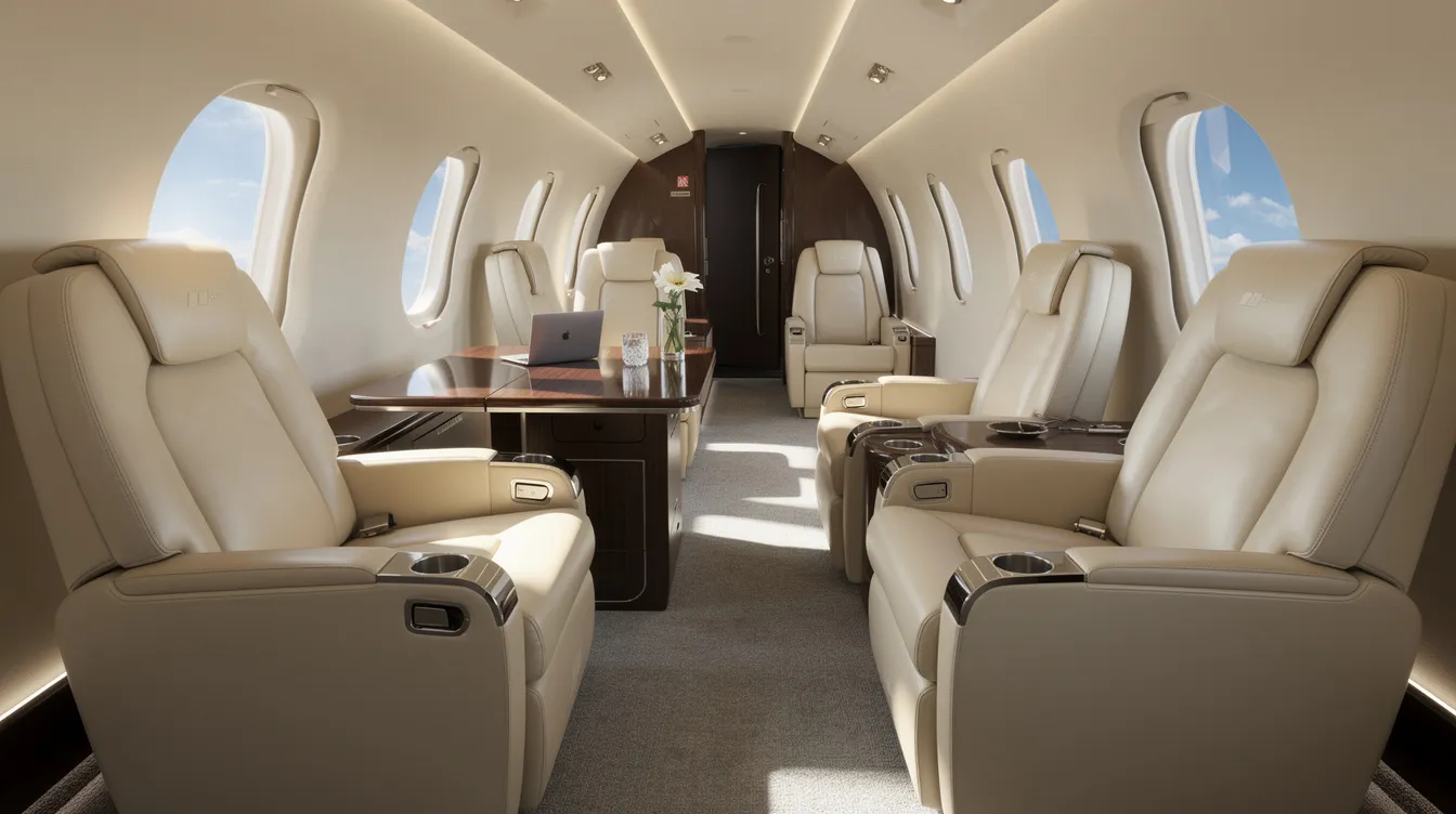 The image depicts a spacious private jet cabin featuring comfortable seats, a table, and large windows that allow natural light to fill the space during flight. This luxurious environment is designed for business travelers, offering a quiet cabin ideal for meetings or relaxation while flying long distances.