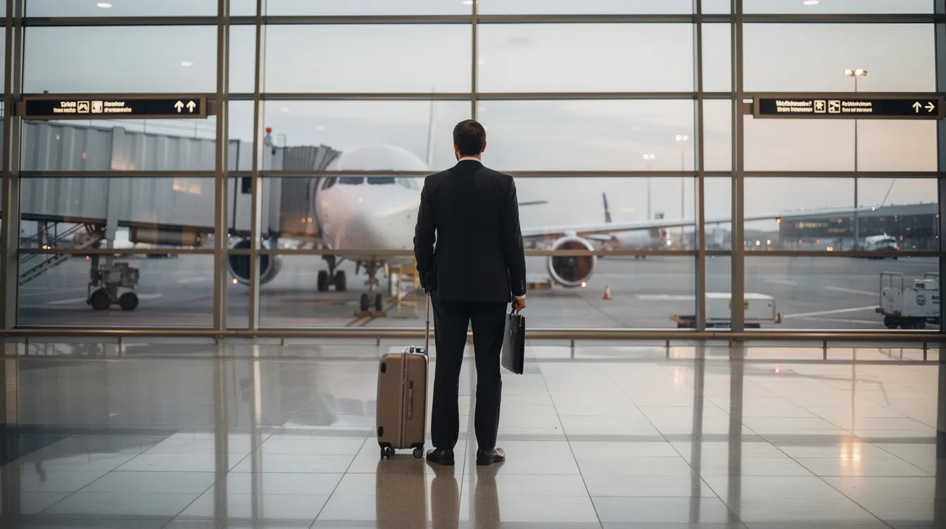 A business traveler stands by an airport window, gazing at a Jet Airways aircraft preparing for takeoff. The scene captures the anticipation of passengers waiting for their international flights, with hand luggage in tow, as they prepare to embark on their journeys.