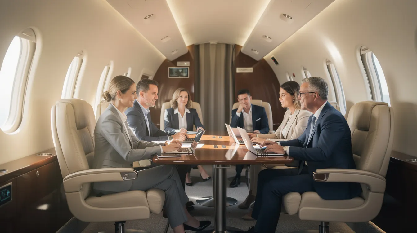 An executive team is seated in the luxurious cabin of a private aircraft during a daytime flight, discussing business operations while enjoying the spacious and comfortable environment. The scene captures the essence of Jet Airways flights, highlighting the professionalism and collaboration among company partners as they soar through the skies.