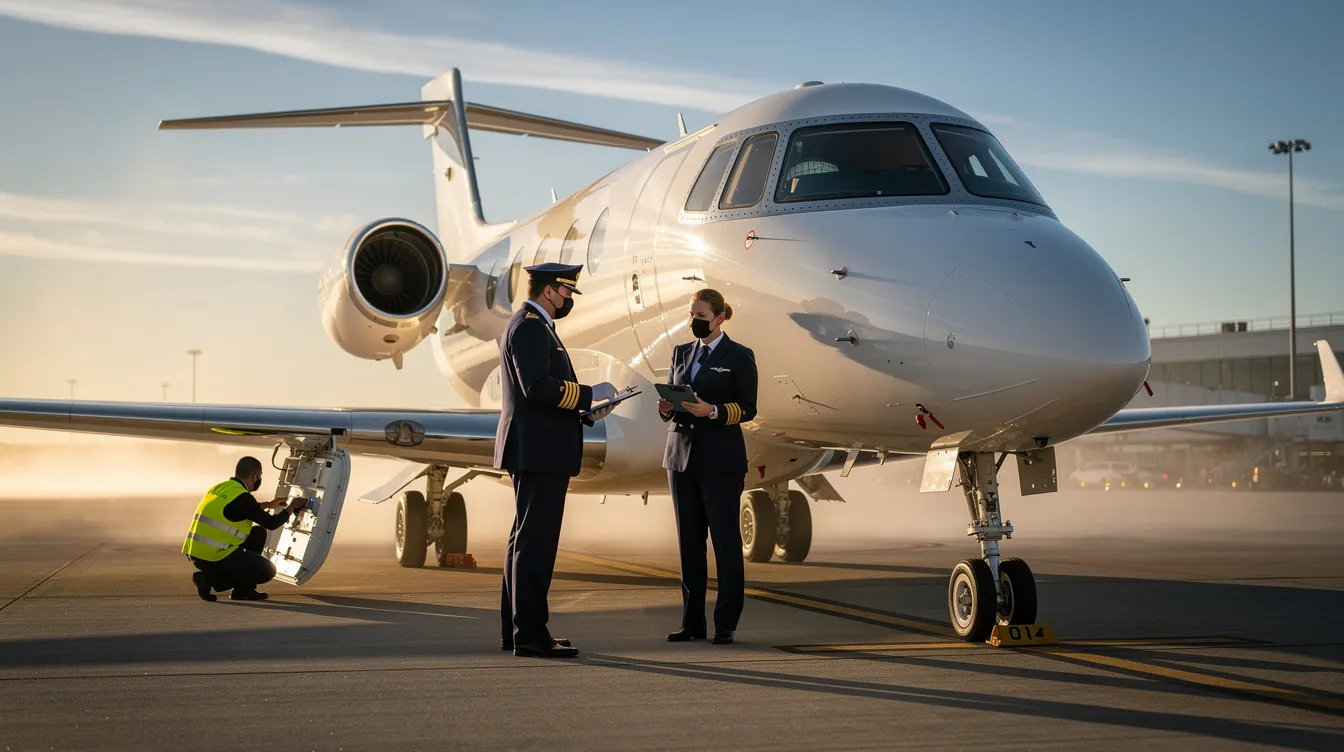 A flight crew is inspecting a private aircraft before departure, ensuring compliance with federal aviation regulations and safety procedures. The crew's expertise is crucial for maintaining operational control and meeting the necessary pilot qualifications for charter flights.