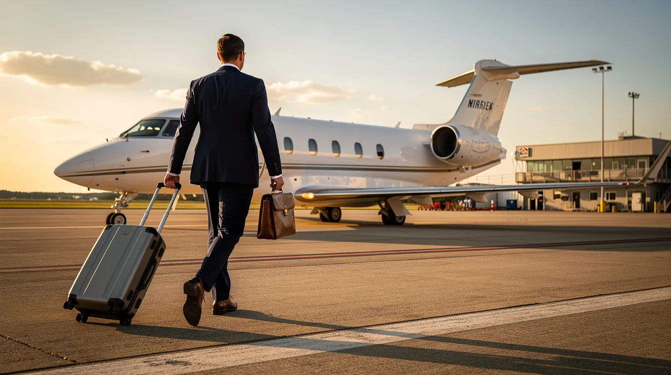 An executive passenger is walking towards a private jet at a regional airport, indicating the luxurious experience of private aviation. This scene highlights the operational control and compliance with federal aviation regulations essential for charter flights and aircraft ownership.
