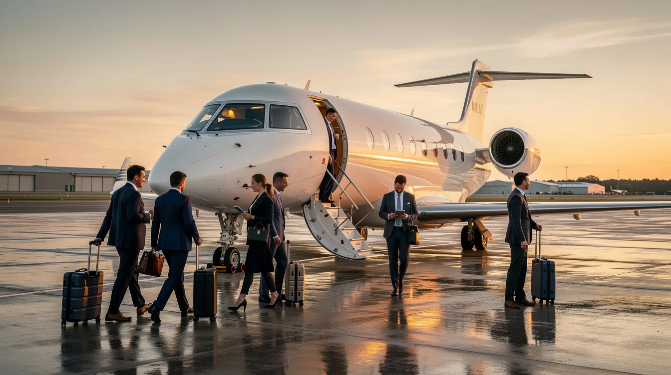 A group of executive travelers is boarding a luxury private jet on a quiet airport ramp, ready for their journey in an opulent aircraft designed for maximum comfort. The scene captures the essence of private jet travel, showcasing the convenience and exclusivity enjoyed by private jet owners and discerning travelers.